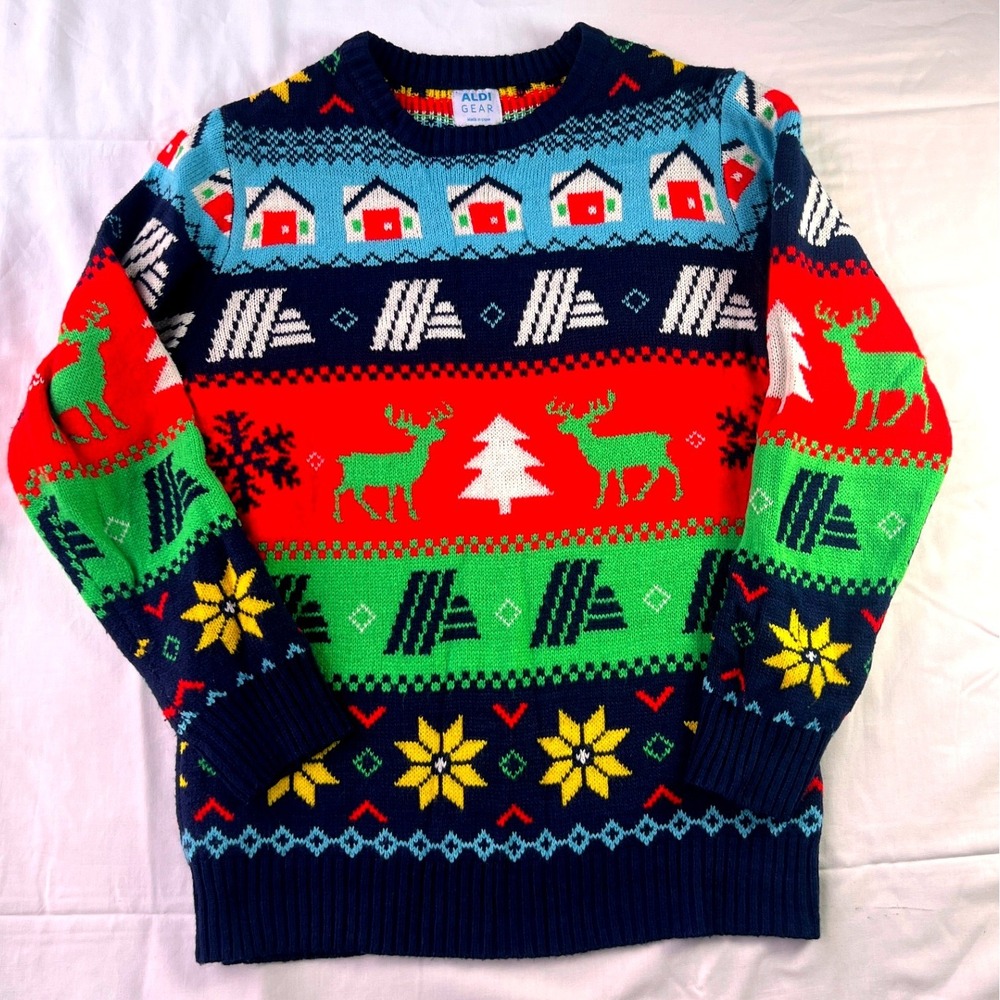 Aldi Gear Ugly Christmas Sweater Womens Medium Multi Reindeer Fair Isle Knit
